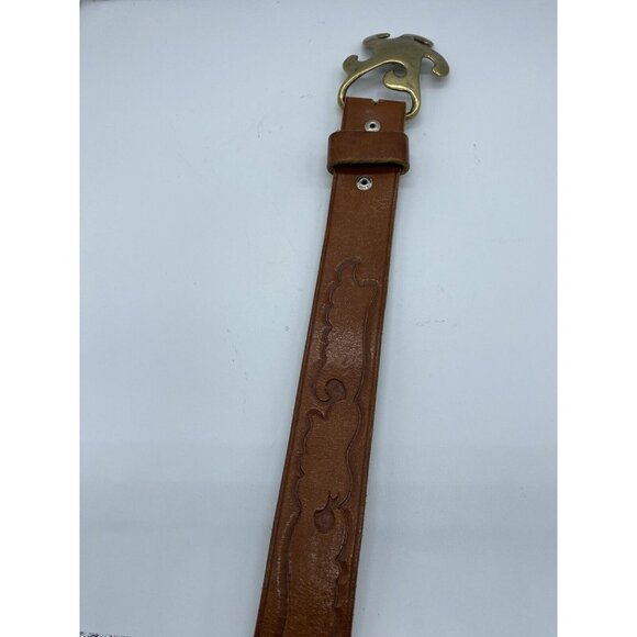 Brown Women's Embossed Belt Genuine Leather Size 26 Brass Buckle - Picture 3 of 16